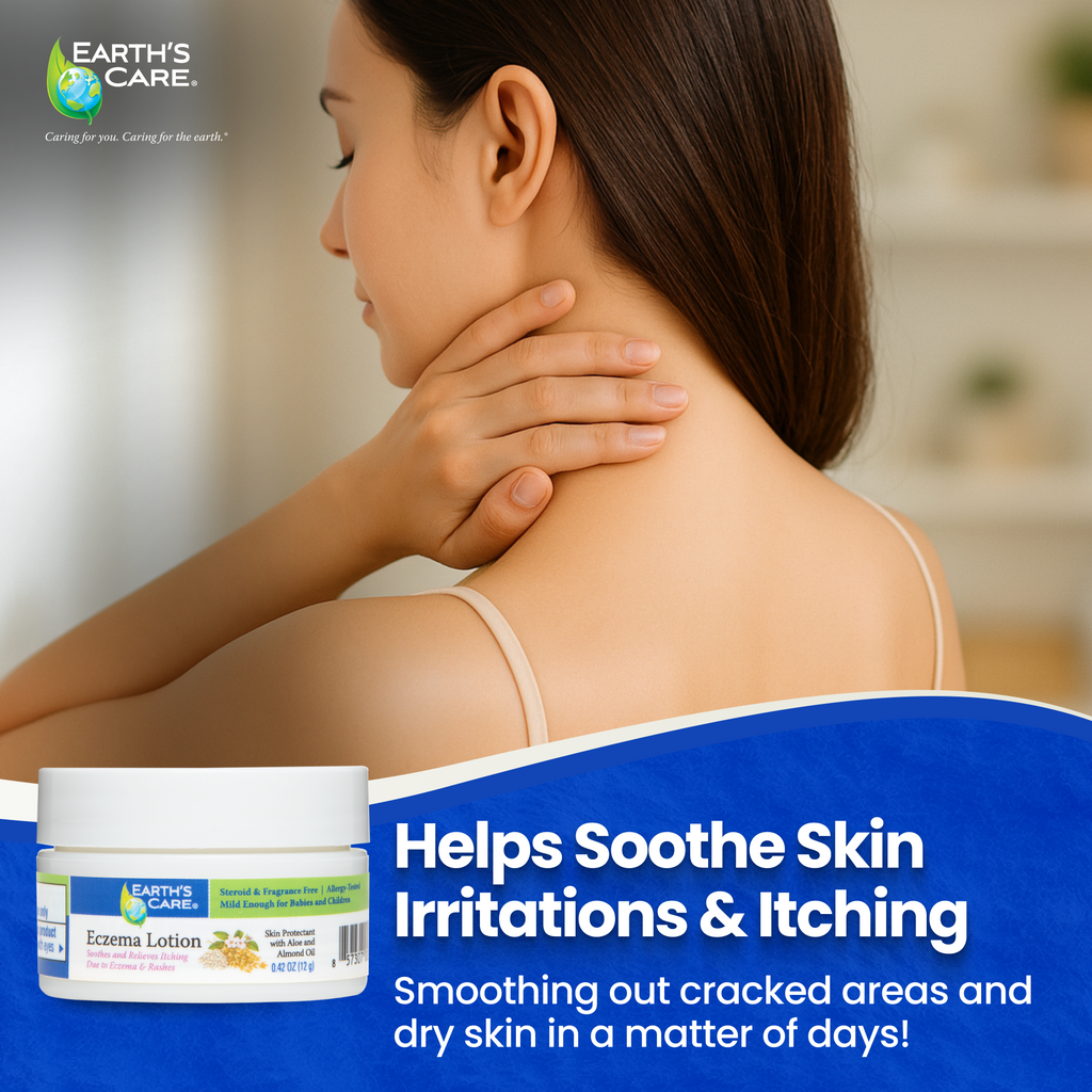 Earth's Care Eczema Lotion jar shown in front of a woman touching her neck, with promotional text about soothing skin irritations and itching.
