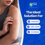 Woman touching her shoulder with a blue background and Earth's Care branding.