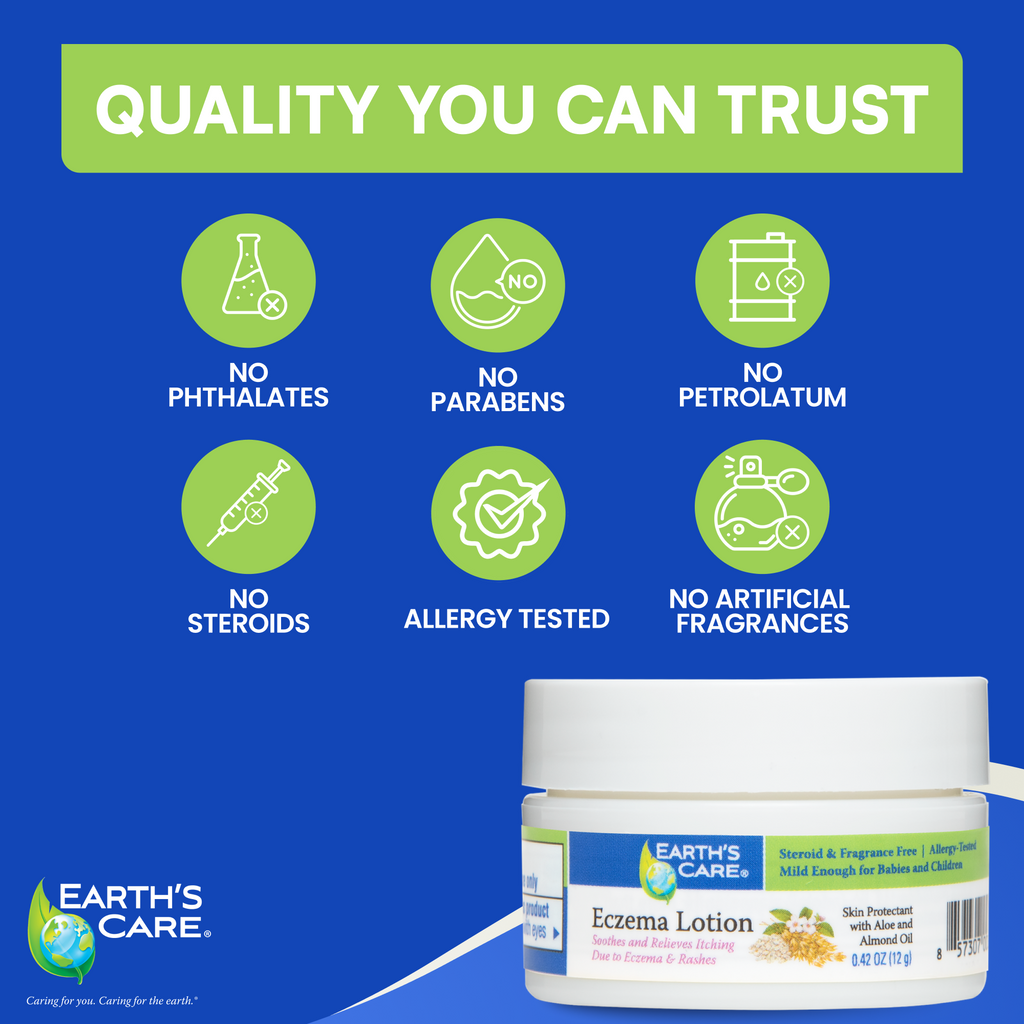 Earth's Care Eczema Lotion jar shown on a blue promotional graphic with green icons highlighting product benefits such as no phthalates, parabens, petrolatum, steroids, and artificial fragrances.