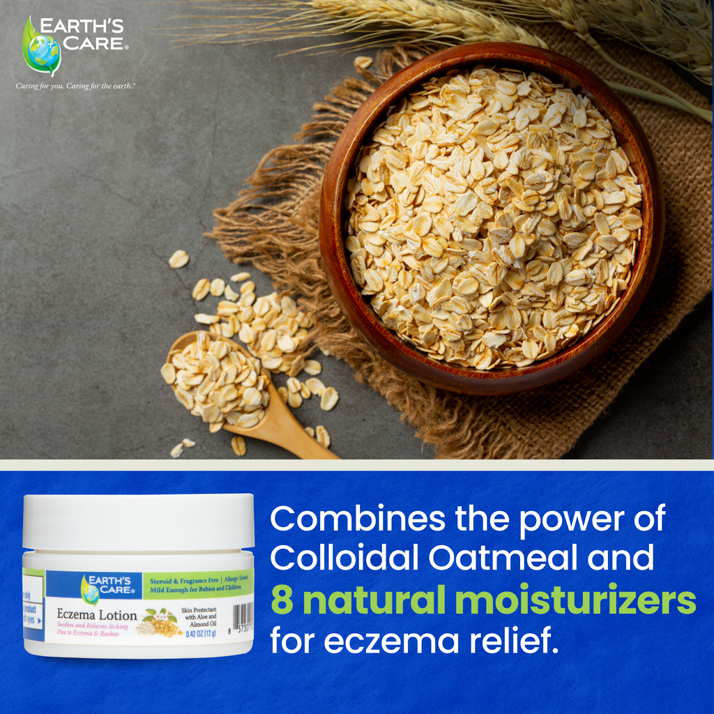 Earth's Care Eczema Lotion jar shown in a split promotional graphic above a bowl of oats and a spoonful of oats on burlap, with text reading 'Combines the power of Colloidal Oatmeal and 8 natural moisturizers for eczema relief.'.