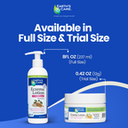 Earth's Care Eczema Lotion available in Full Size and Trial Size, showing a 8 fl oz pump bottle and a 0.42 oz jar on a blue background with size text.