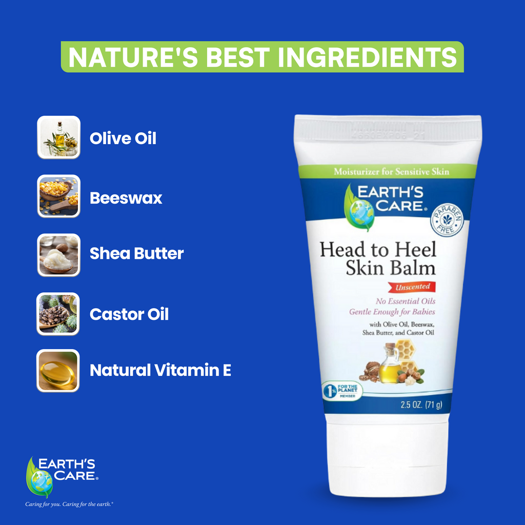 Earth's Care Head to Heel Skin Balm tube on a blue promotional background with text highlighting ingredients: olive oil, beeswax, shea butter, castor oil, and natural vitamin E.