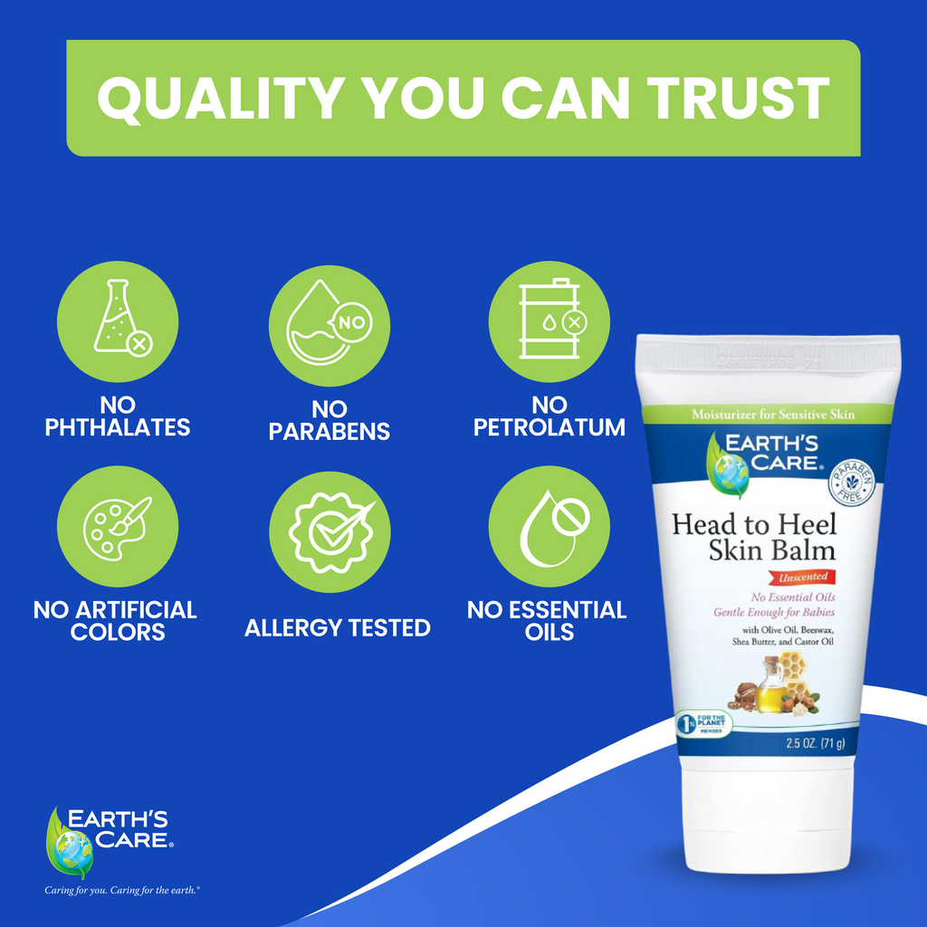 Earth's Care Head to Heel Skin Balm tube shown on a blue promotional graphic with green icons and text stating quality benefits like no phthalates, no parabens, and no petrolatum.