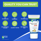 Earth's Care Head to Heel Skin Balm tube shown on a blue promotional graphic with green icons and text stating quality benefits like no phthalates, no parabens, and no petrolatum.