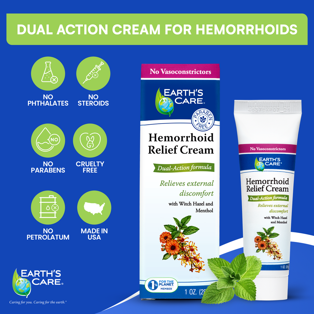 Earth's Care Hemorrhoid Relief Cream packaging with dual-action cream for hemorrhoids on a blue background