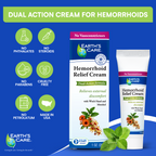Earth's Care Hemorrhoid Relief Cream packaging with dual-action cream for hemorrhoids on a blue background