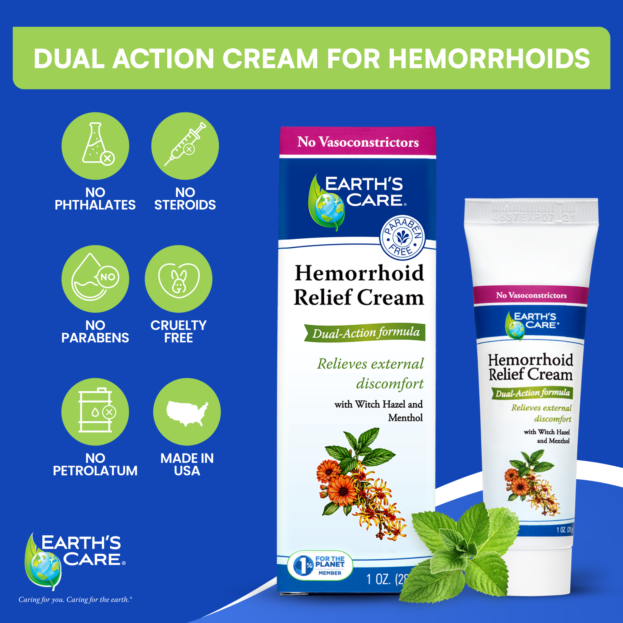 Earth's Care Hemorrhoid Relief Cream packaging with dual-action cream for hemorrhoids on a blue background