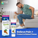 Earth's Care Hemorrhoid Relief Cream packaging and a man experiencing discomfort.