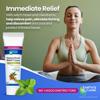 Advertisement for Earth's Care Hemorrhoid Relief Cream with a woman meditating and product displayed.