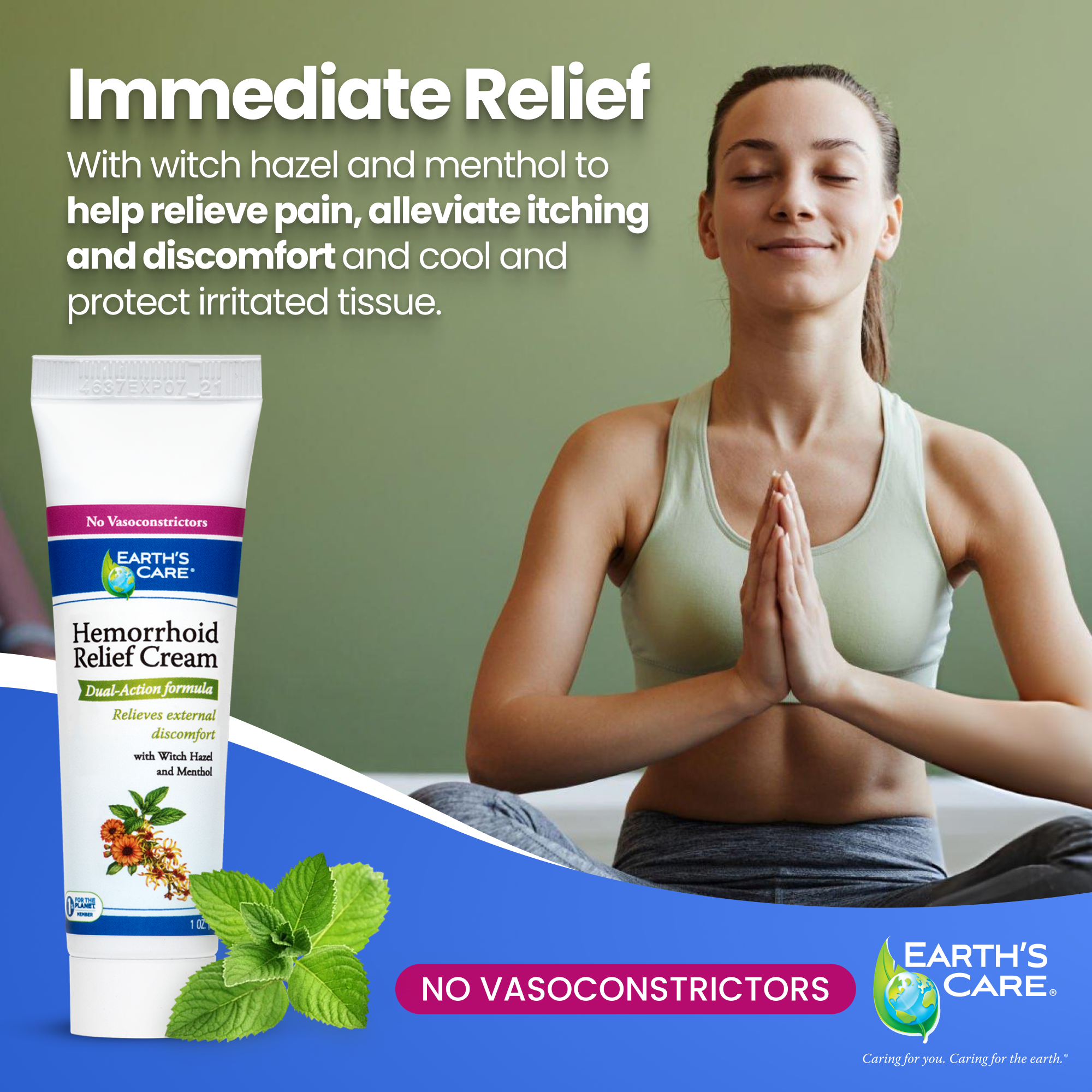 Advertisement for Earth's Care Hemorrhoid Relief Cream with a woman meditating and product displayed.