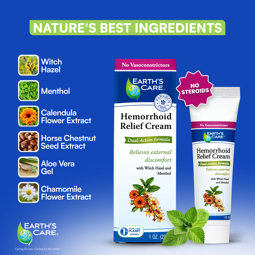 Earth's Care Hemorrhoid Relief Cream packaging with natural ingredients listed on a blue background