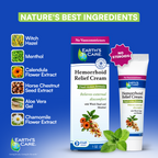 Earth's Care Hemorrhoid Relief Cream packaging with natural ingredients listed on a blue background
