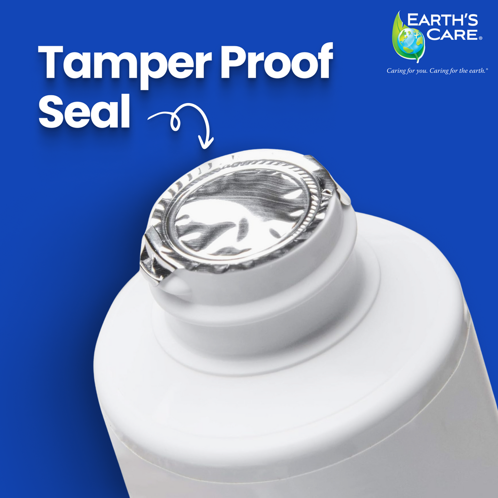 A white cylindrical bottle or container shown close-up with a shiny silver tamper-proof foil seal around the cap. Large white text on a blue background reads 'Tamper Proof Seal,' with the Earth's Care logo in the top right.