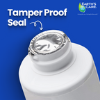 A white cylindrical bottle or container shown close-up with a shiny silver tamper-proof foil seal around the cap. Large white text on a blue background reads 'Tamper Proof Seal,' with the Earth's Care logo in the top right.