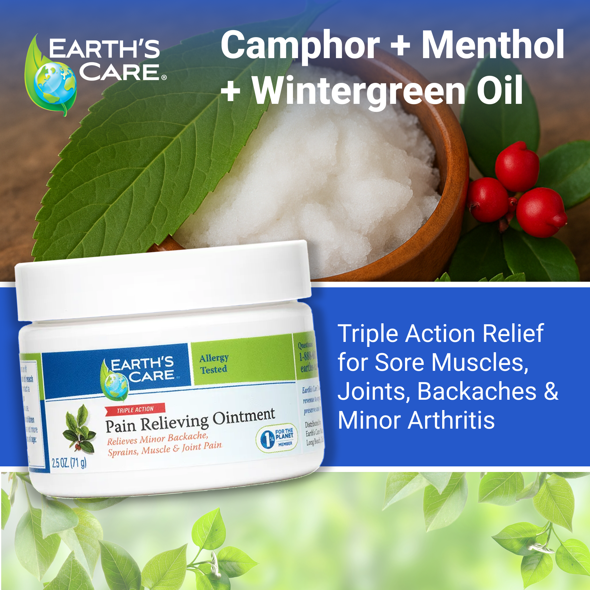 Earth's Care pain relieving ointment jar with camphor, menthol, and wintergreen oil ingredients.
