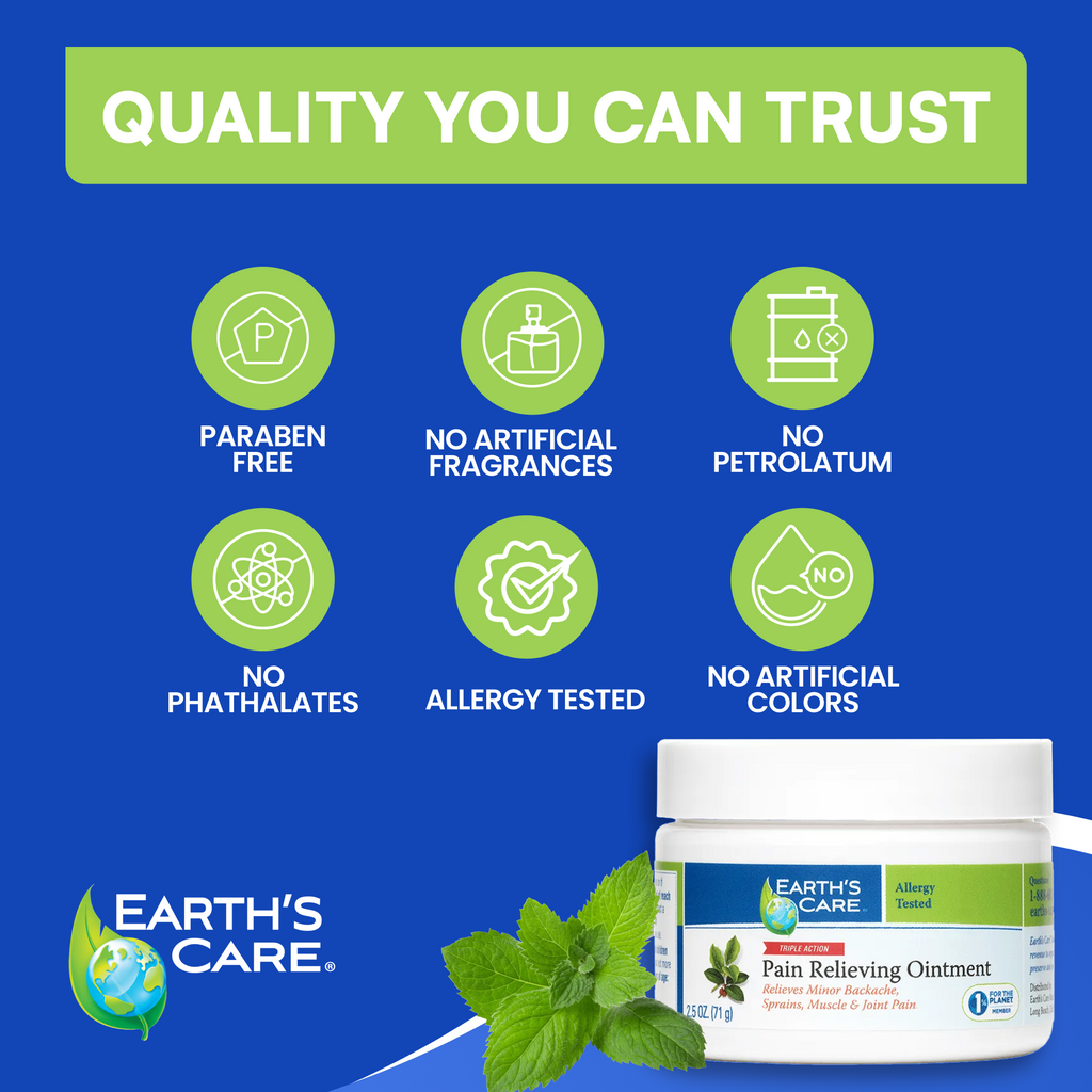 Earth's Care pain-relieving ointment with quality claims on a blue background