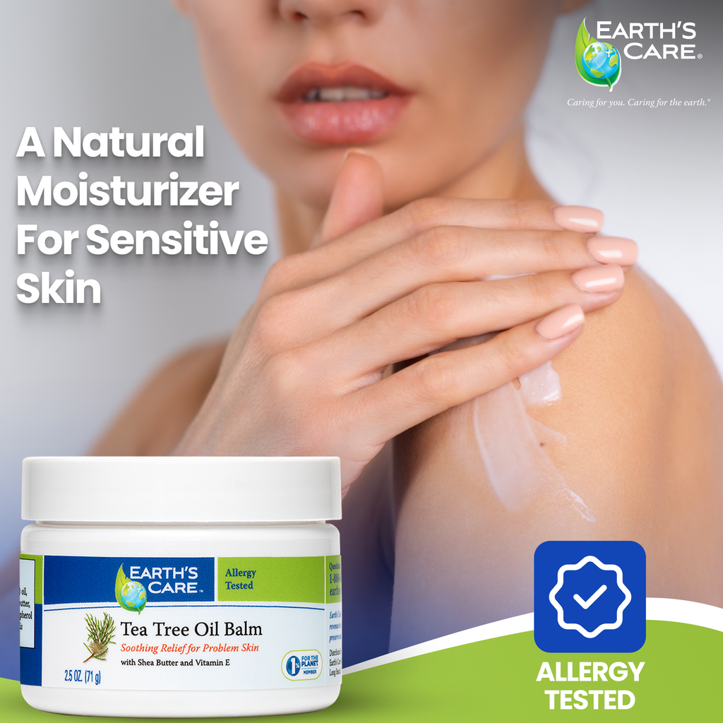 Earth's Care Tea Tree Oil Balm jar with a person applying it to their skin, featuring allergy-tested logo.