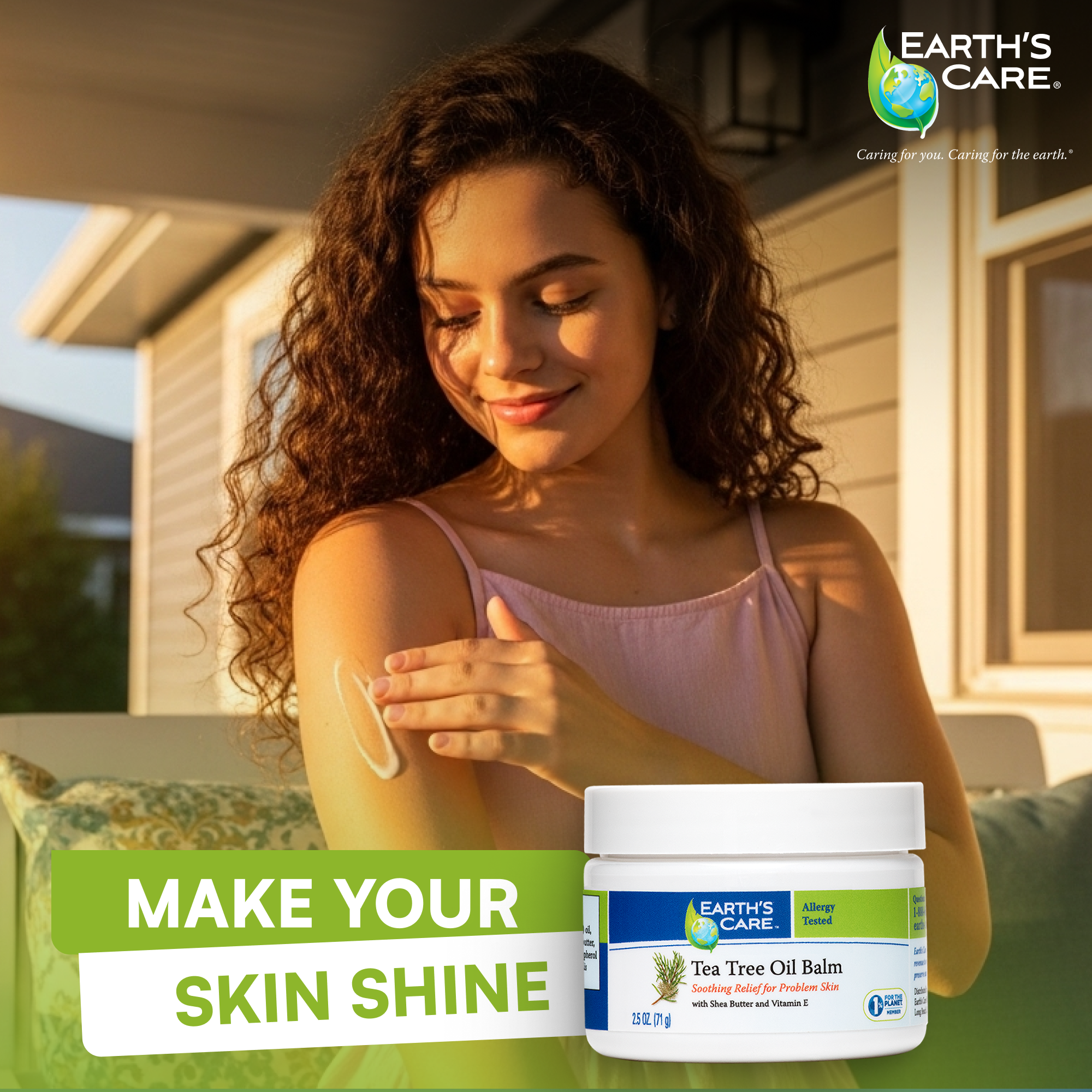 Woman applying balm to her arm with 'Earth's Care' balm container in the foreground.