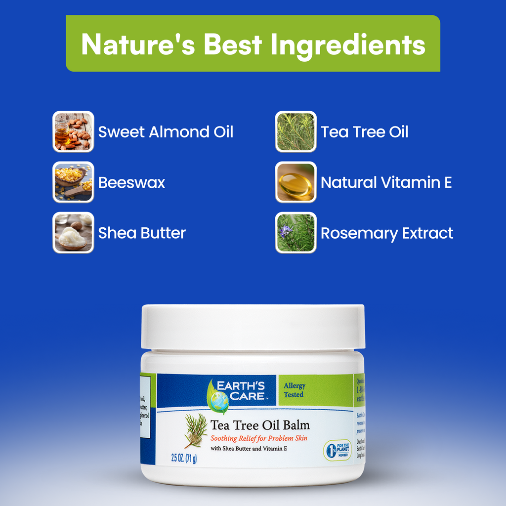 Earth's Care Tea Tree Oil Balm with listed ingredients on a blue background