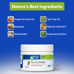 Earth's Care Tea Tree Oil Balm with listed ingredients on a blue background