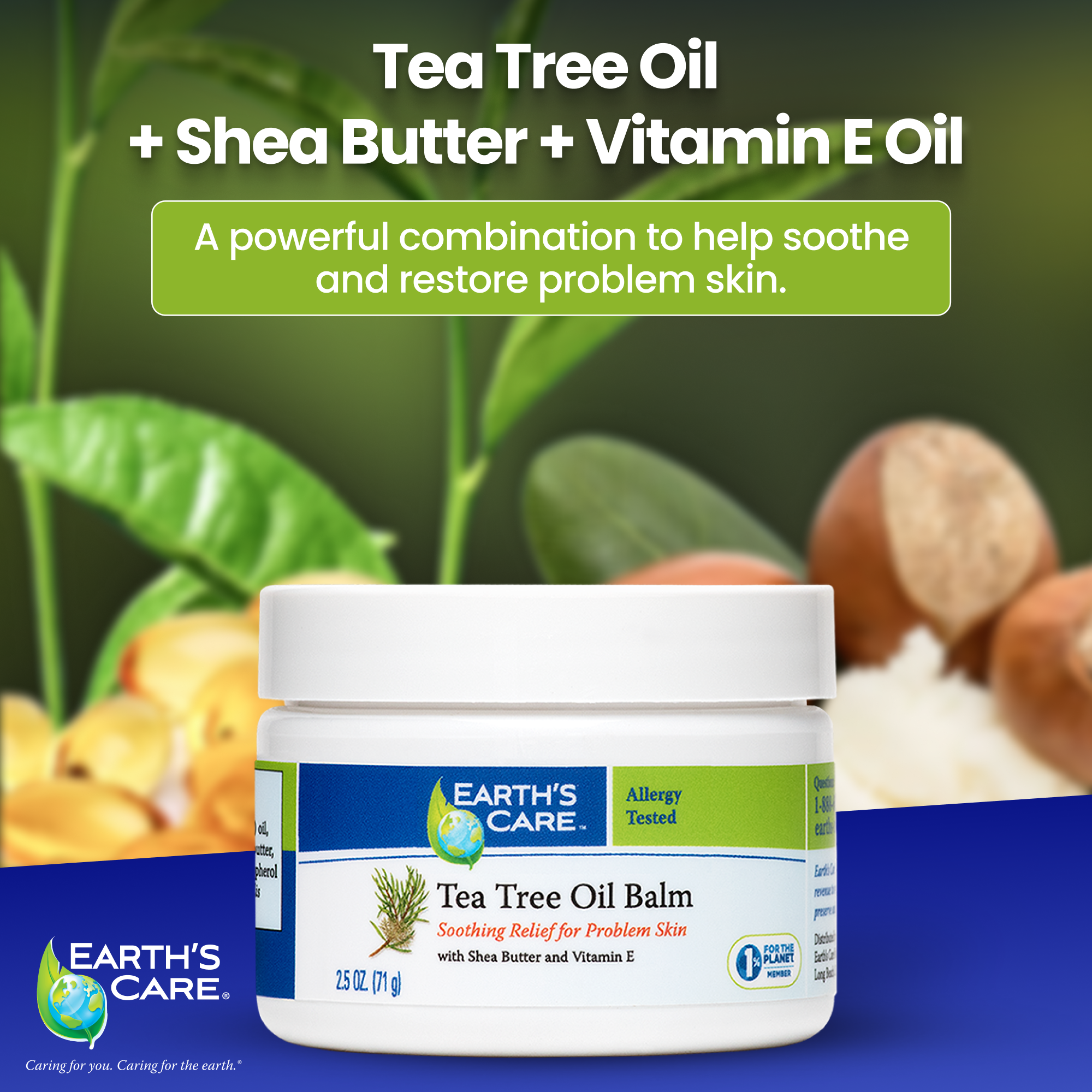 Earth's Care Tea Tree Oil Balm jar with tea tree leaves and shea butter in the background