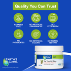 Earth's Care Tea Tree Oil Balm with quality claims on a blue background