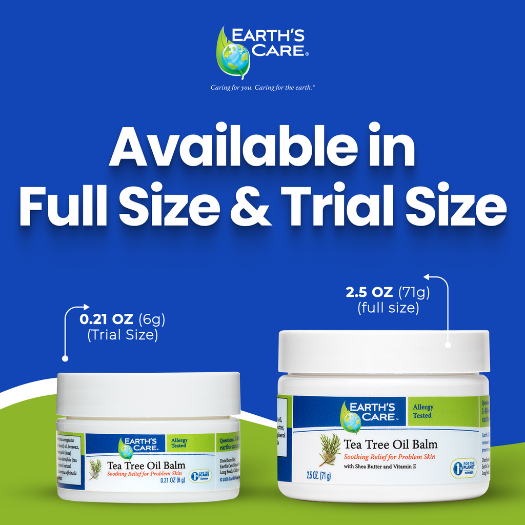 Earth's Care Tea Tree Oil Balm containers with text indicating full size and trial size on a blue and green background.