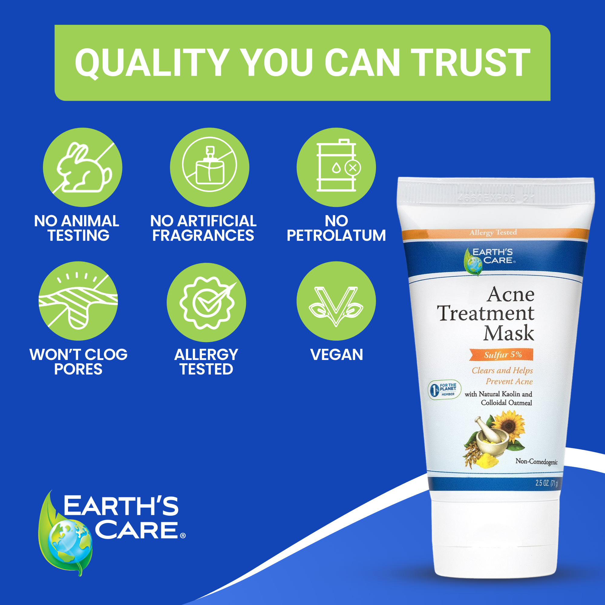 Earth's Care Acne Treatment Mask tube shown on a blue promotional graphic with green icons highlighting product benefits such as no animal testing, no artificial fragrances, and vegan formulation.