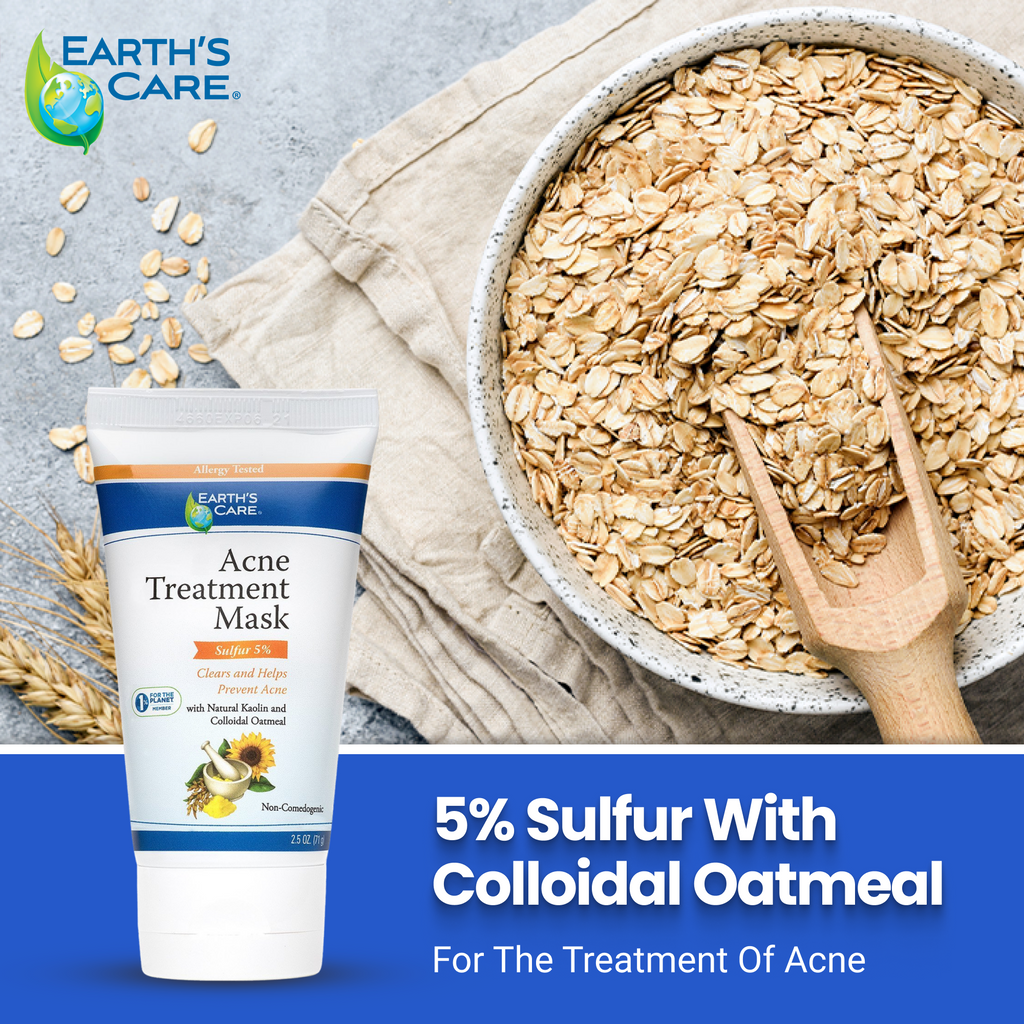 Earth's Care Acne Treatment Mask with colloidal oatmeal and 5% sulfur, shown with a bowl of oats.