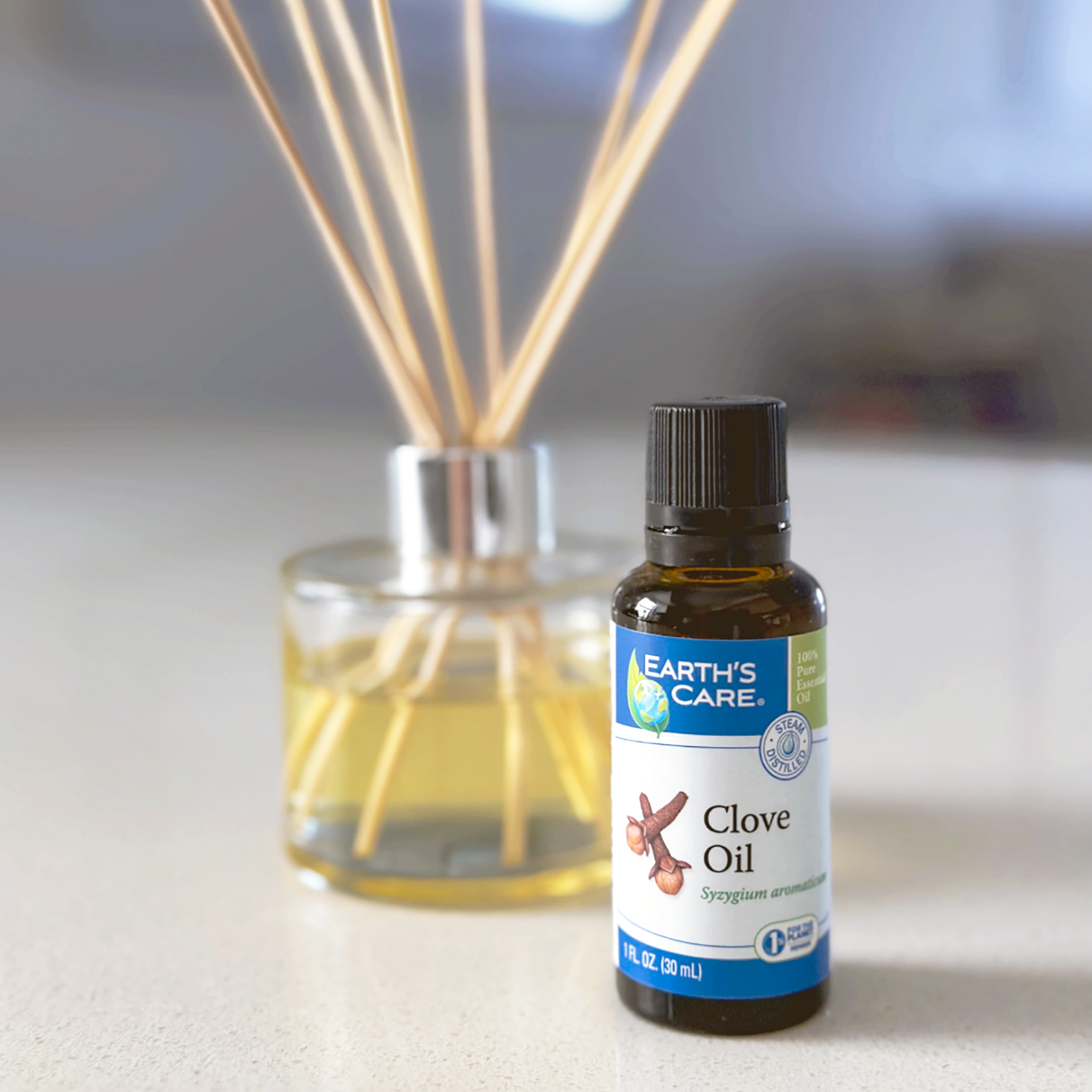 A bottle of Earth's Care Clove Oil stands in front of a glass reed diffuser on a light countertop, with a softly blurred indoor background.