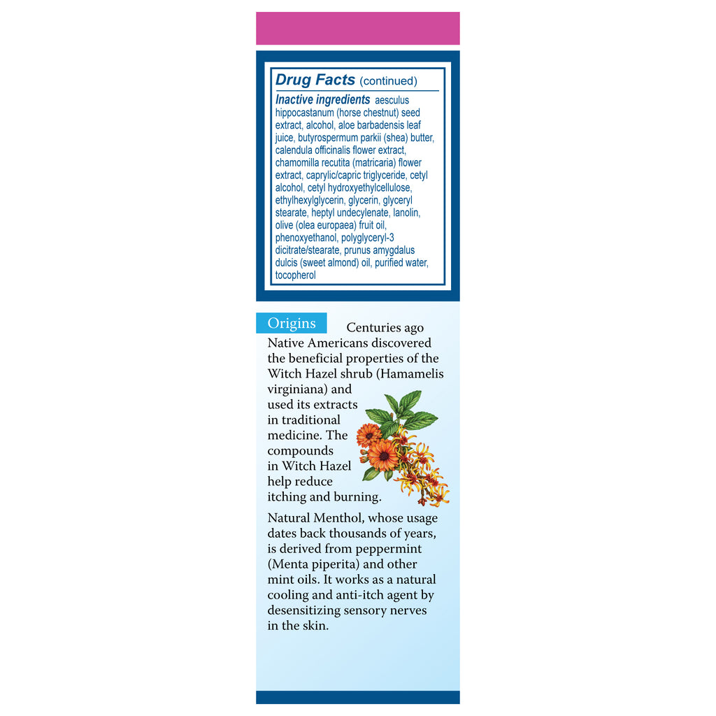 A vertical informational card about Earth's Care Hemorrhoid Cream , showing a 'Drug Facts' panel at the top with ingredients listed, and an 'Origins' section below with text and a small illustration of a witch hazel flower.