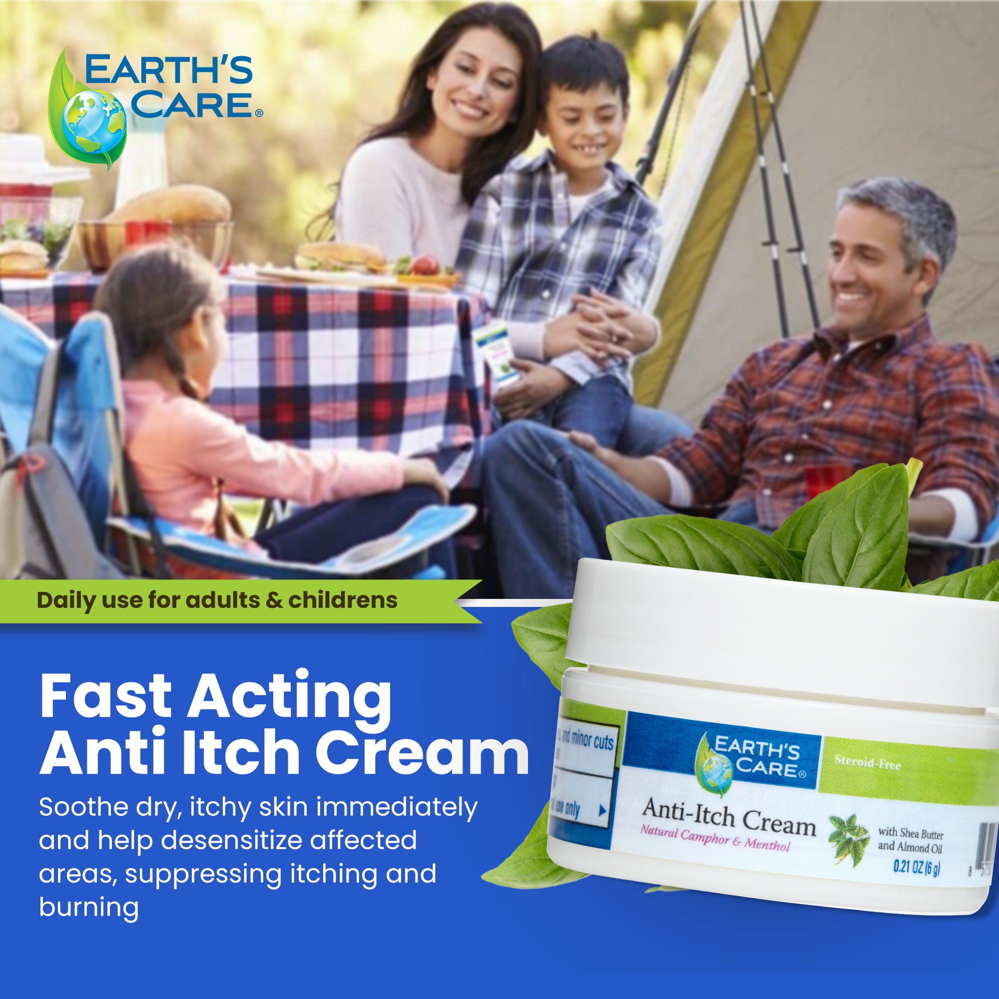 Earth's Care Anti-Itch Cream jar shown in the foreground with green leaves, over a lifestyle photo of a family sitting outdoors near a tent. Text on the image reads 'Fast Acting Anti Itch Cream' and 'Daily use for adults & children.