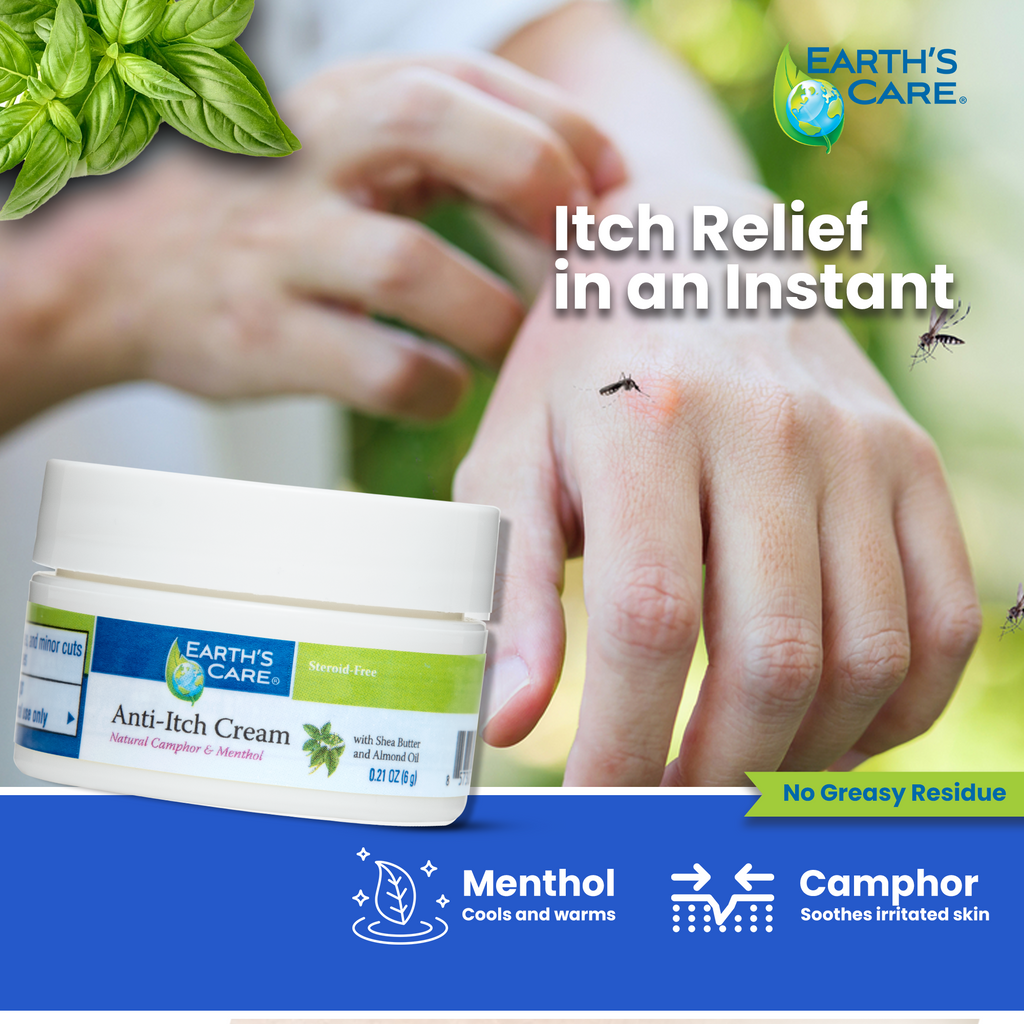 Earth's Care Anti-Itch Cream jar shown in a promotional graphic with a person scratching their arm, flying insects, basil leaves, and text claiming itch relief in an instant.