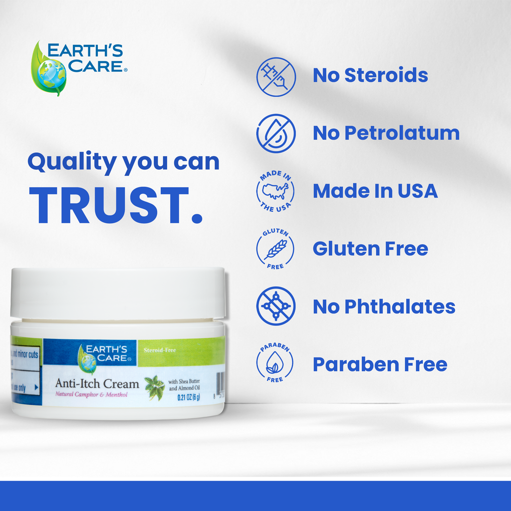 Earth's Care Anti-Itch Cream jar shown on a white background with blue marketing text and feature icons for 'No Steroids', 'No Petrolatum', 'Made in USA', 'Gluten Free', 'No Phthalates', and 'Paraben Free'.