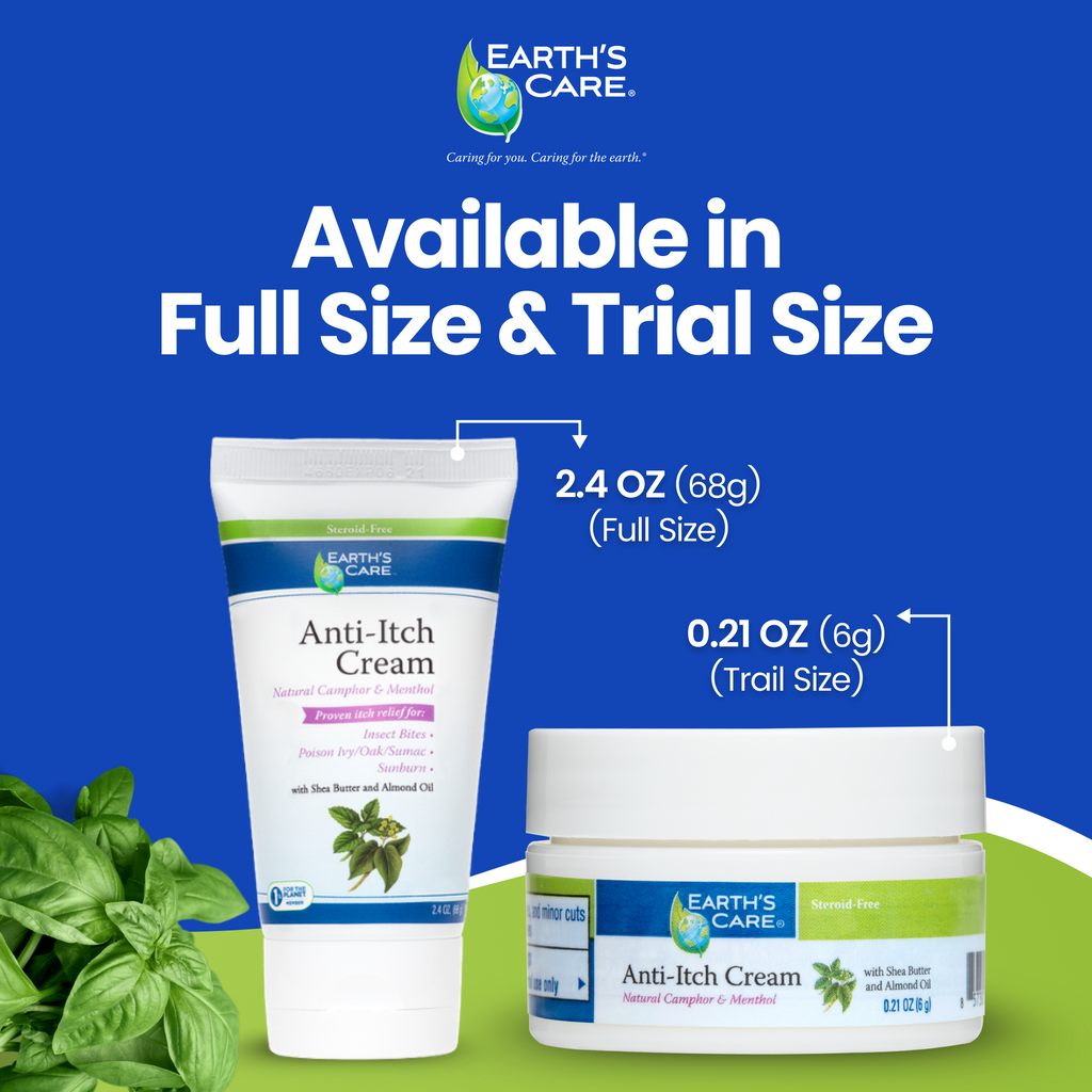Earth's Care Anti-Itch Cream shown in both full size (2.4 oz) and trial size (0.