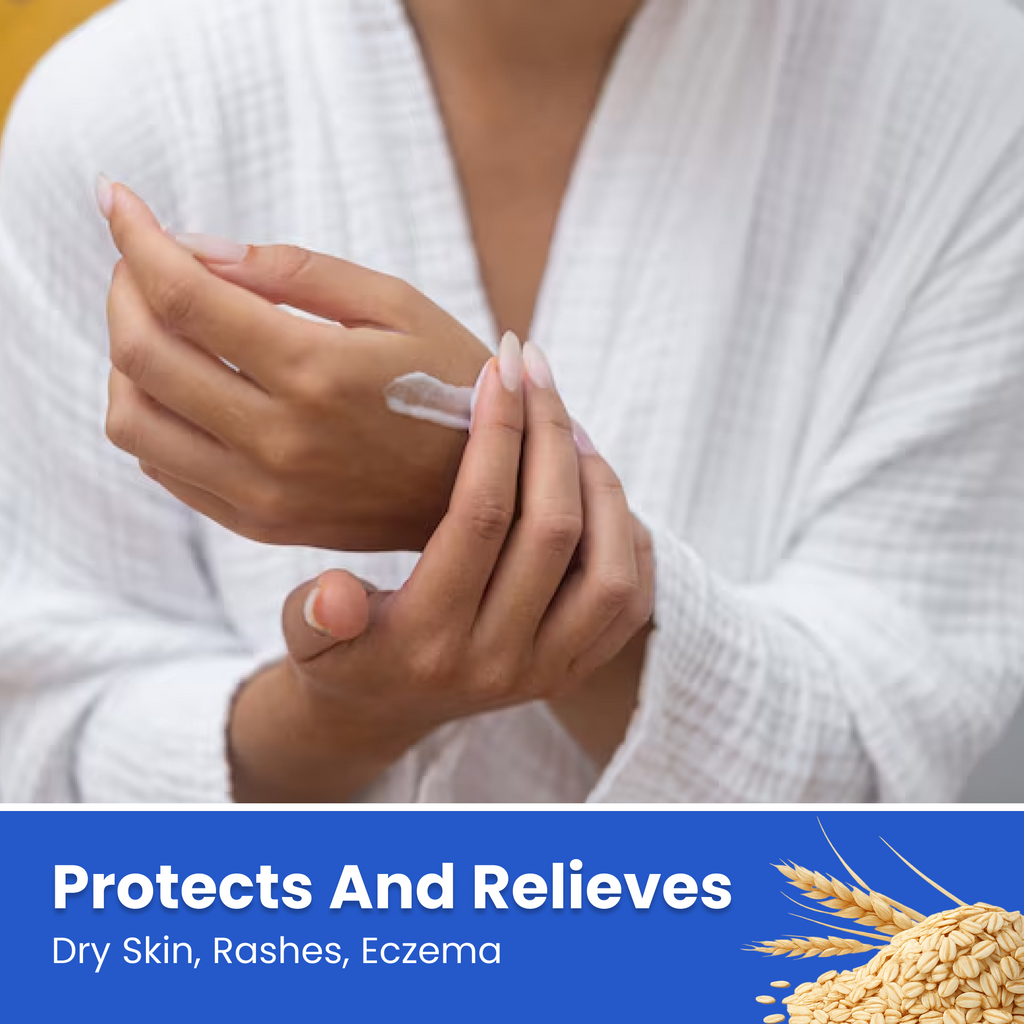 A person in a white textured robe applies a white cream to their hand. A blue banner at the bottom reads 'Protects And Relieves Dry Skin, Rashes, Eczema' with a wheat graphic.