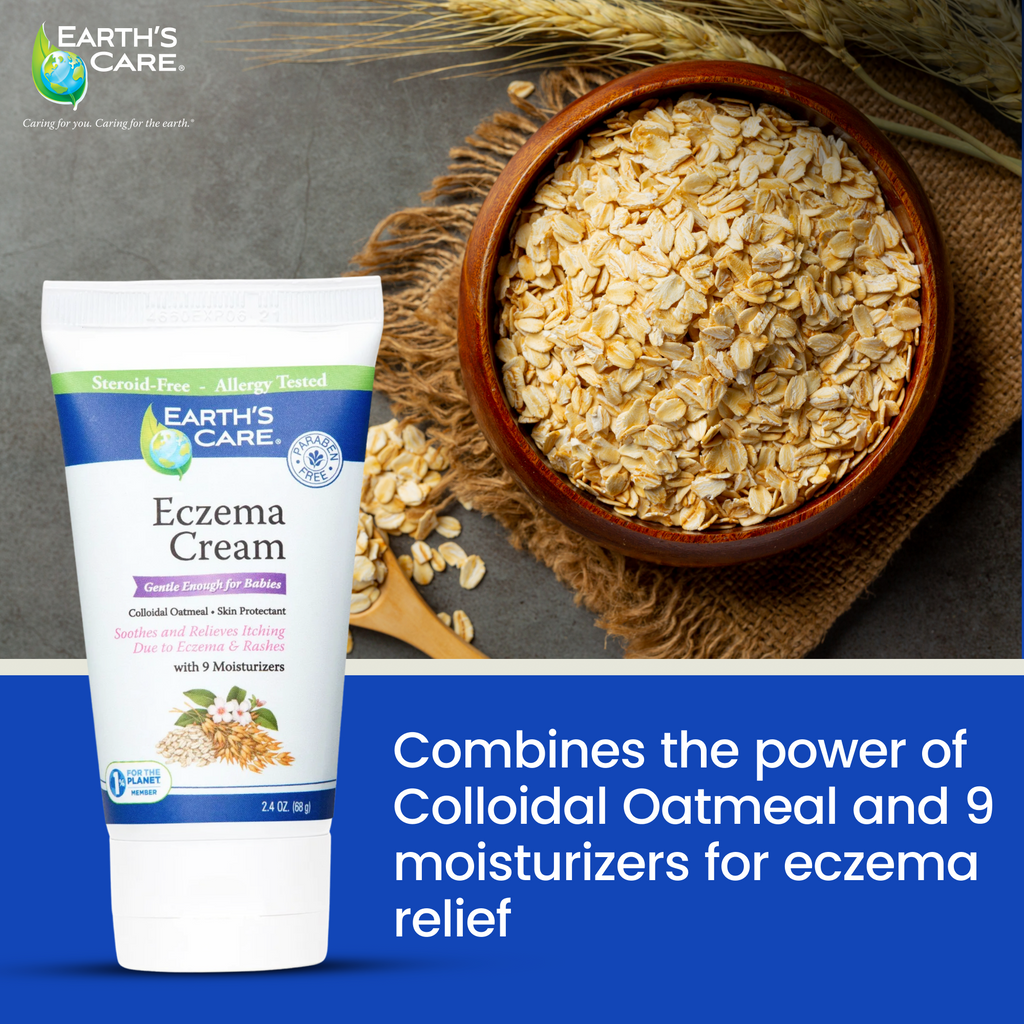 Earth's Care Eczema Cream tube shown next to a wooden bowl of oats on a rustic burlap background, with a blue text banner at the bottom describing the oatmeal and moisturizer formula.