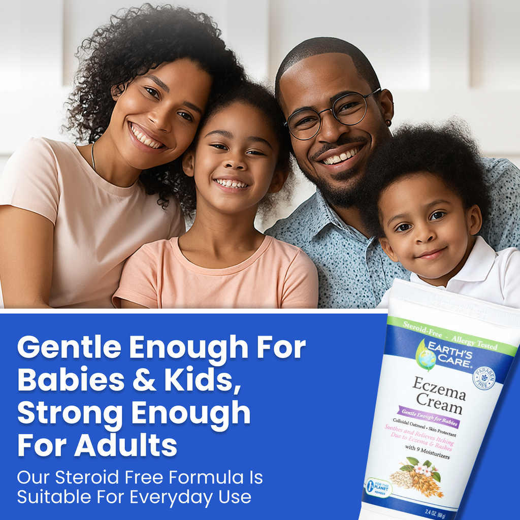 Family of four smiling with Earth's Care Eczema Cream packaging on a blue background