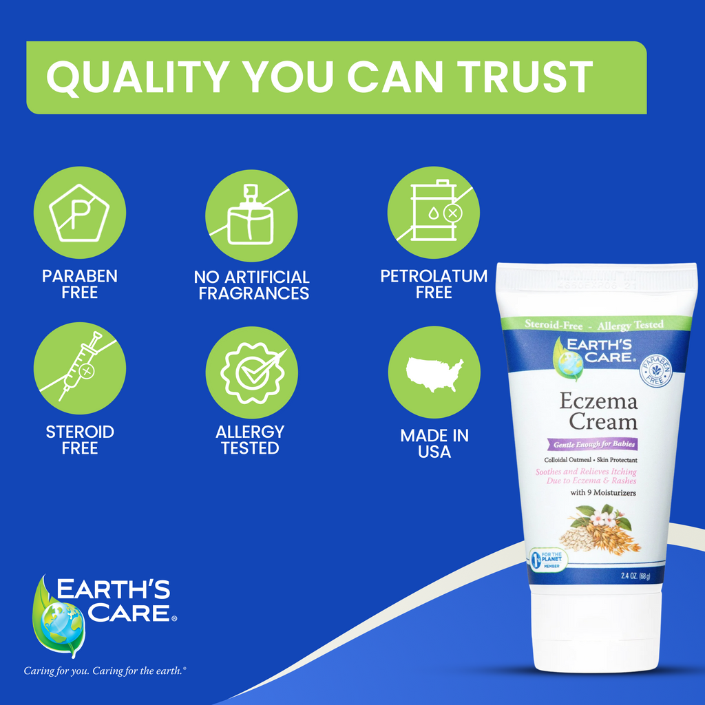 Earth's Care Eczema Cream with quality assurance icons on a blue background