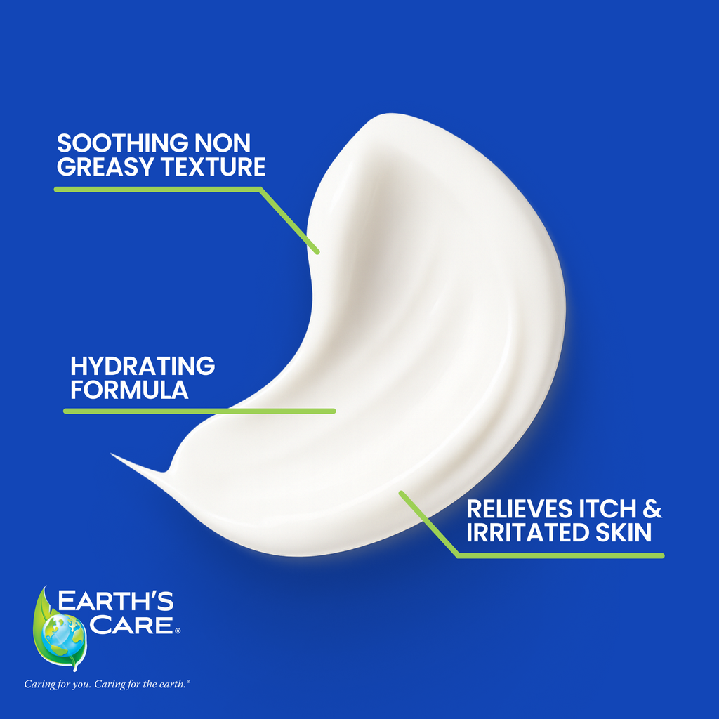 A white cream swatch on a blue background with text callouts reading 'SOOTHING NON GREASY TEXTURE,' 'HYDRATING FORMULA,' and 'RELIEVES ITCH & IRRITATED SKIN,' plus the Earth's Care logo at the bottom left.