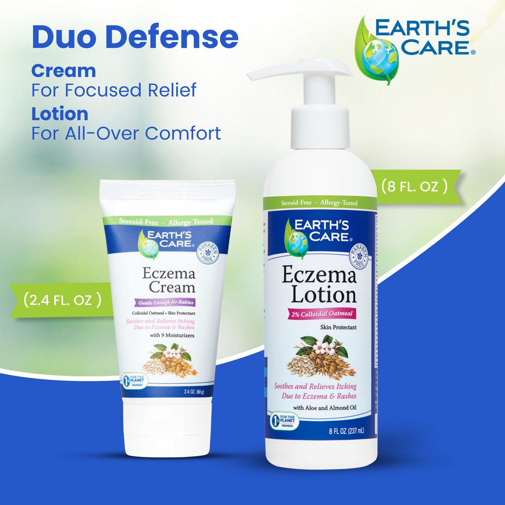 Earth's Care Eczema Cream and Eczema Lotion set shown on a blue and white promotional background. The image includes the brand logo, product names, and volumes: 2.
