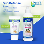 Earth's Care Eczema Cream and Eczema Lotion set shown on a blue and white promotional background. The image includes the brand logo, product names, and volumes: 2.