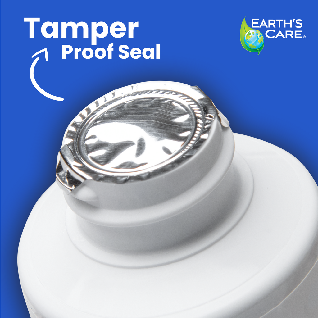 Close-up of a white cylindrical container with a metallic tamper-proof foil seal on the lid, set against a blue background with the text 'Tamper Proof Seal' and the Earth's Care logo.