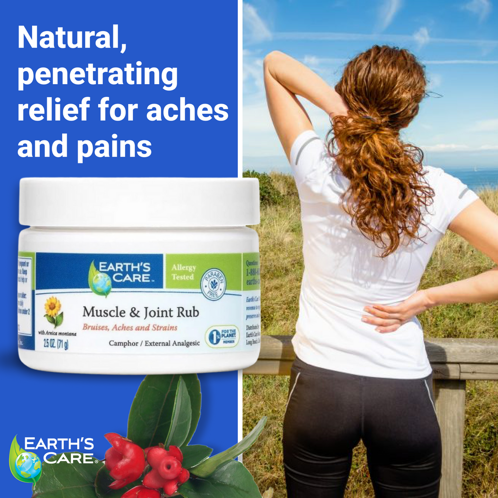 Earth's Care Muscle & Joint Rub jar shown beside a woman outdoors with her back turned, under the text 'Natural, penetrating relief for aches and pains.'.