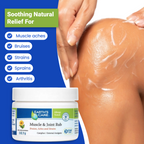 Earth's Care Muscle & Joint Rub cream jar shown next to a person applying the white cream to a sore shoulder, with text listing relief for muscle aches, bruises, strains, sprains, and arthritis.