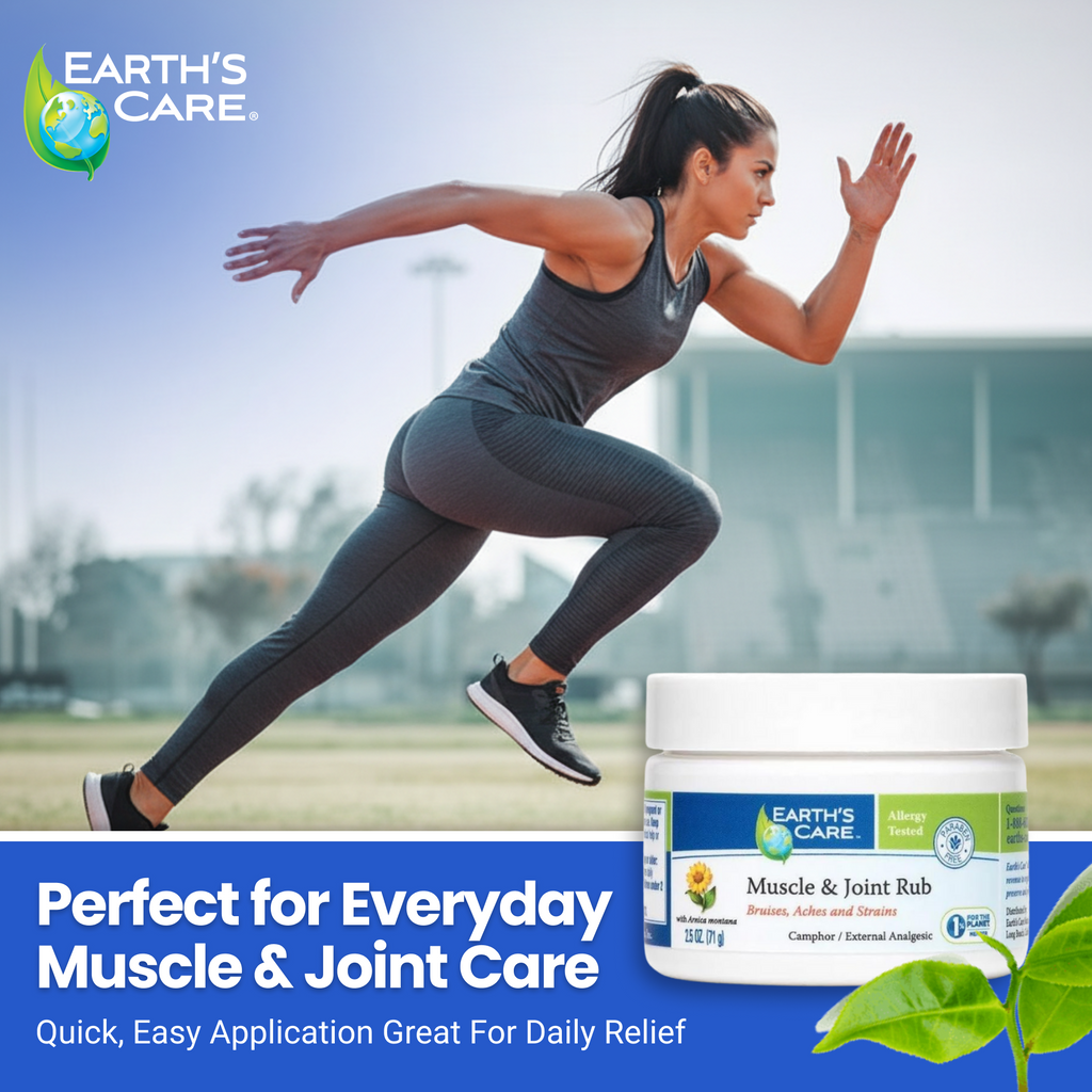 Woman in athletic gear running with Earth's Care Muscle & Joint Rub jar on a sports field.
