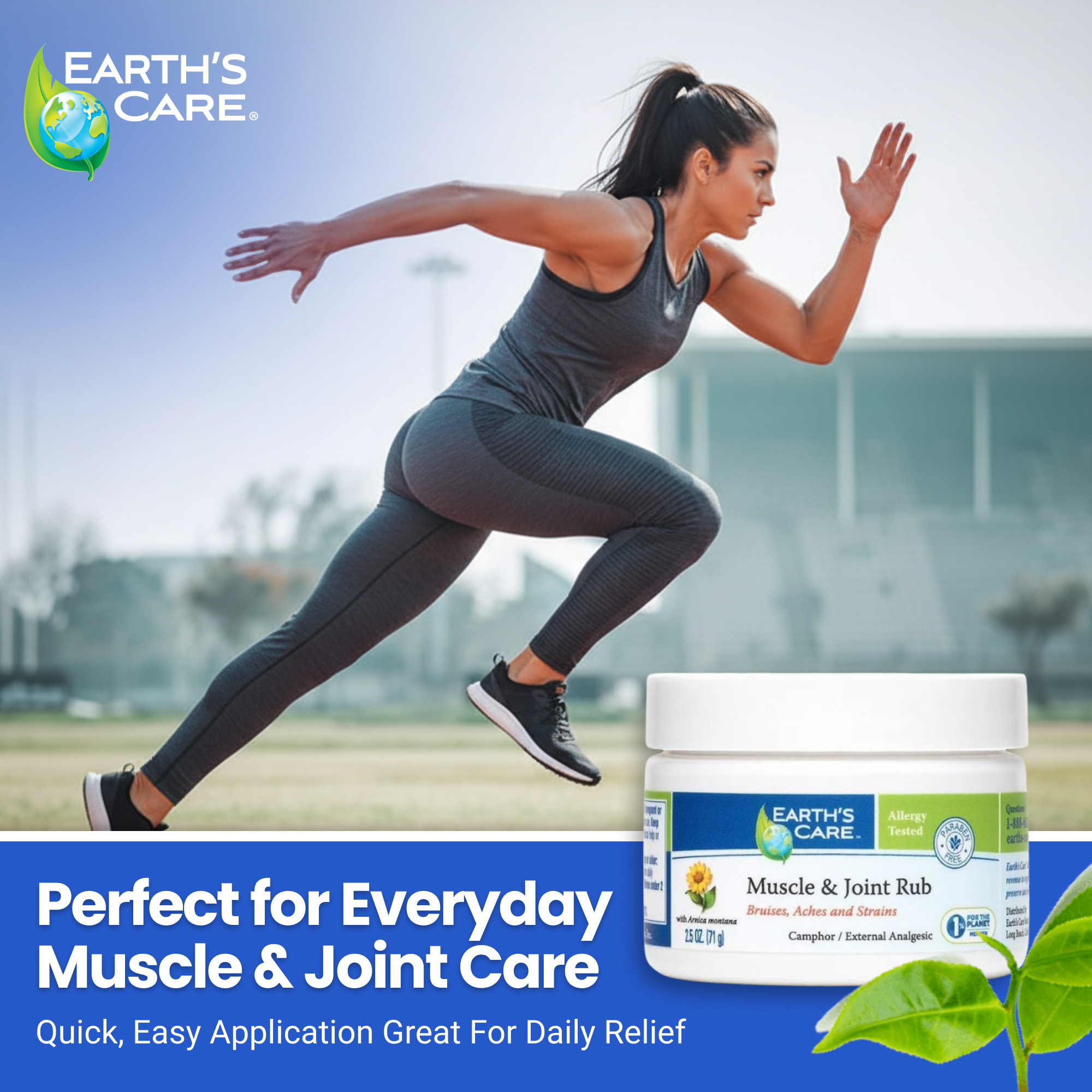 Woman in athletic gear running with Earth's Care Muscle & Joint Rub jar on a sports field.