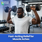 Man lifting weights in a gym with Earth's Care logo and text about muscle aches.