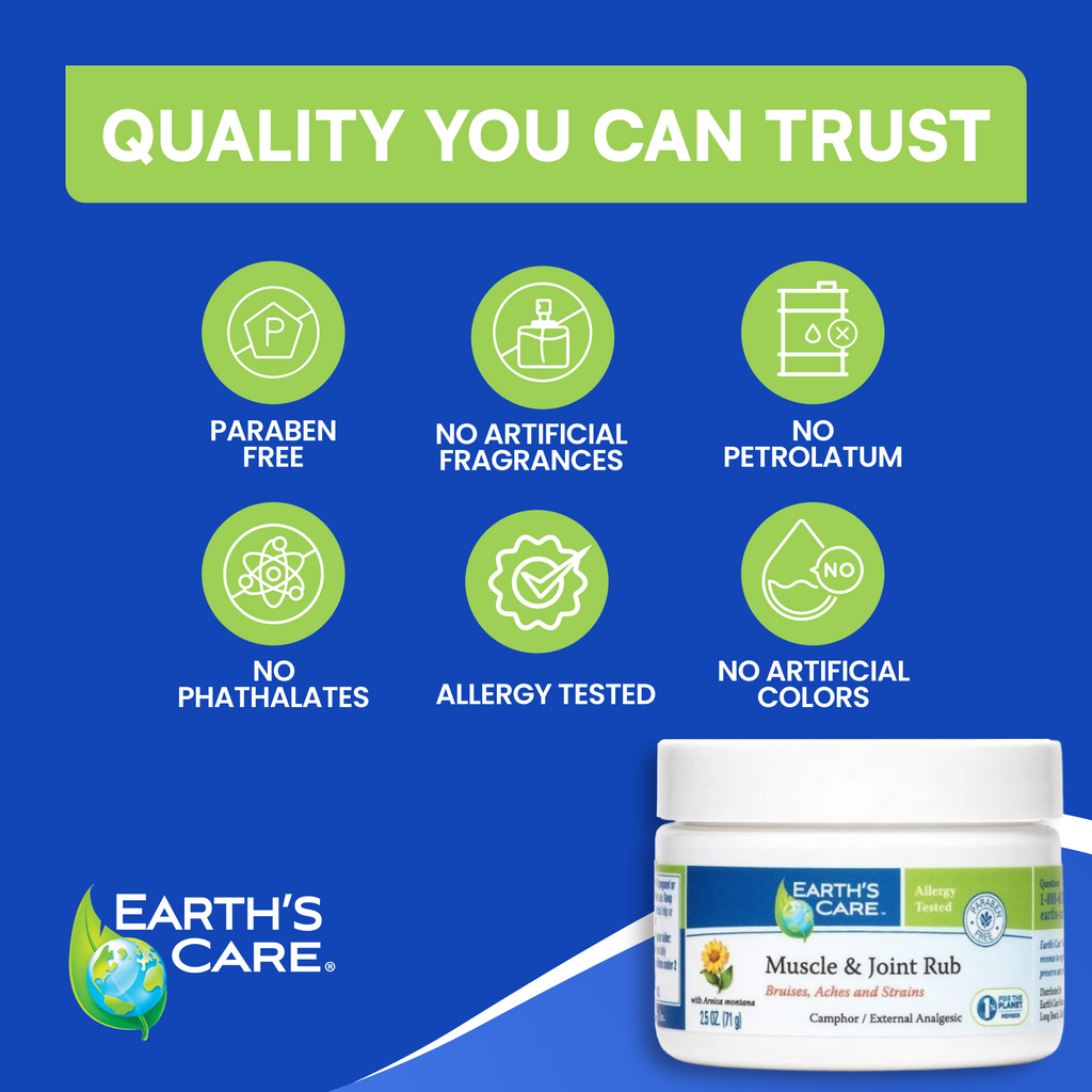 Earth's Care Muscle & Joint Rub jar with quality assurance icons on a blue background