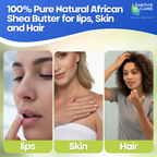 Advertisement for Earth's Care 100% Pure Natural African Shea Butter with images of its use on lips, skin, and hair.